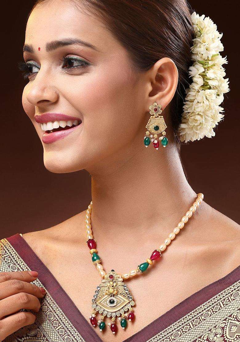 22K Gold-Plated Lord Ganesh Kundan Studded & Beaded Jewellery Set with Pearl for Women | Traditional Temple Jewellery for Wedding & Festive Wear | Gift for Her - Indya