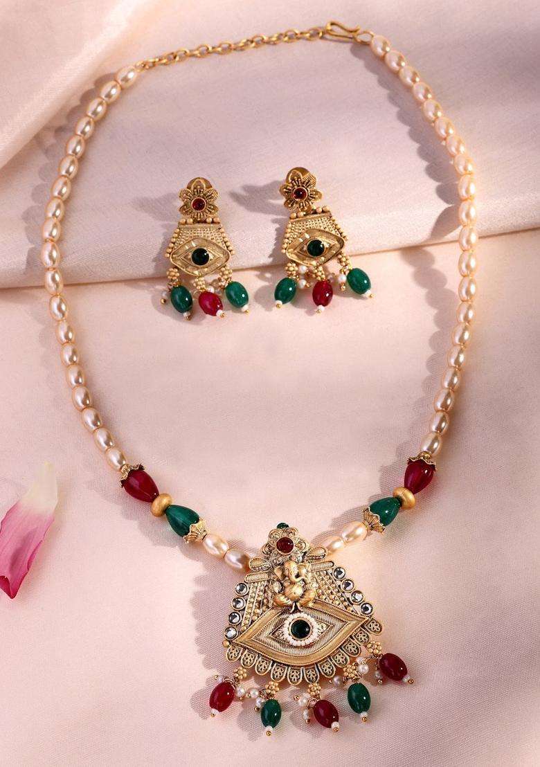 22K Gold-Plated Lord Ganesh Kundan Studded & Beaded Jewellery Set with Pearl for Women | Traditional Temple Jewellery for Wedding & Festive Wear | Gift for Her - Indya