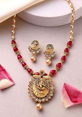 18K Gold-Plated Lord Ganesha Kundan Stone & Pearls Beaded Jewellery Set for Women | Traditional Temple Jewellery for Wedding & Festive Wear | Gift for Her