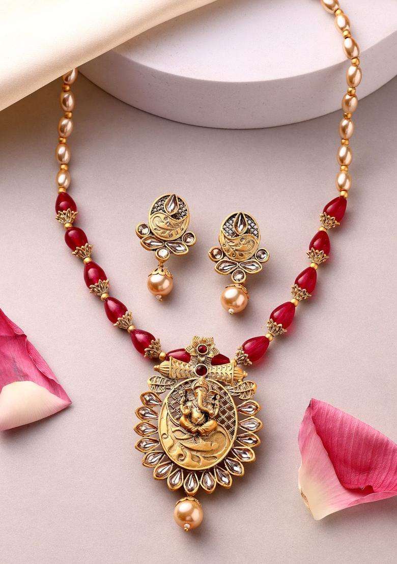 18K Gold-Plated Lord Ganesha Kundan Stone & Pearls Beaded Jewellery Set for Women | Traditional Temple Jewellery for Wedding & Festive Wear | Gift for Her - Indya