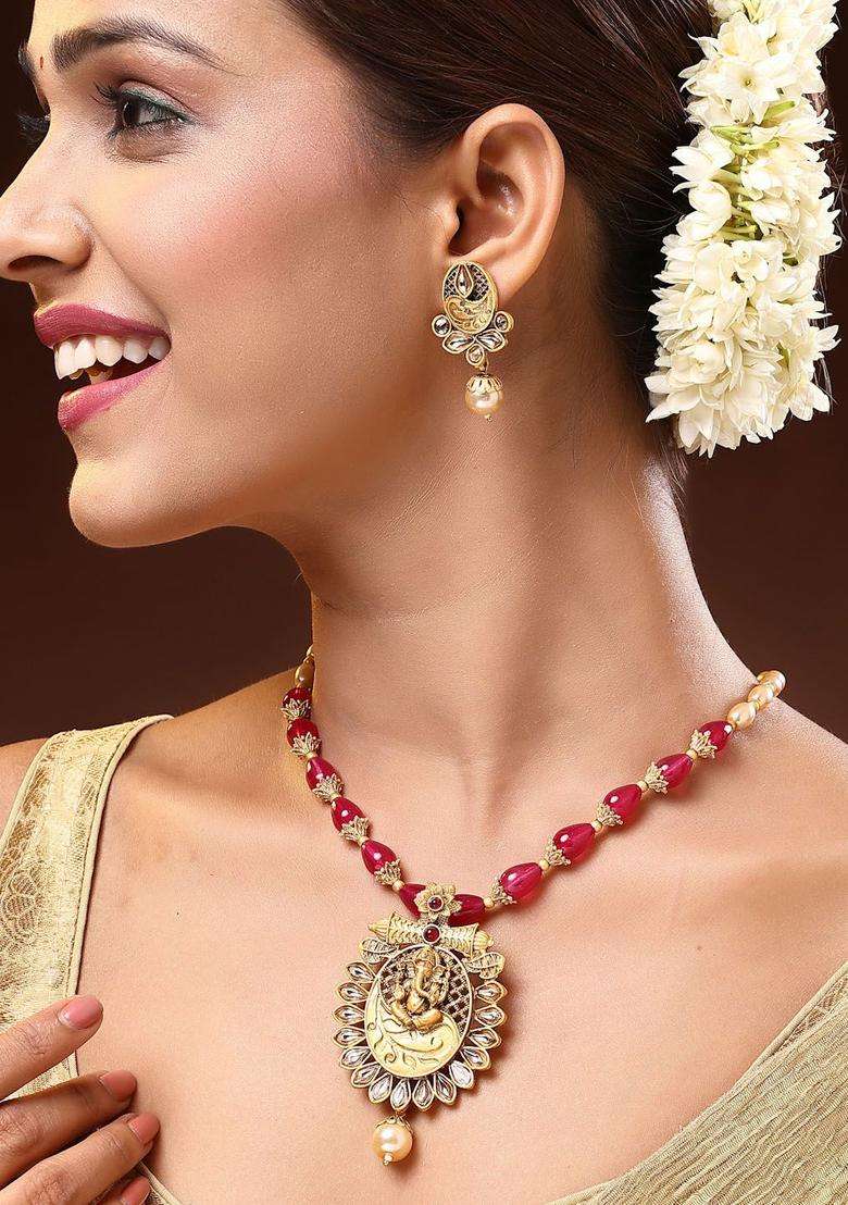18K Gold-Plated Lord Ganesha Kundan Stone & Pearls Beaded Jewellery Set for Women | Traditional Temple Jewellery for Wedding & Festive Wear | Gift for Her - Indya