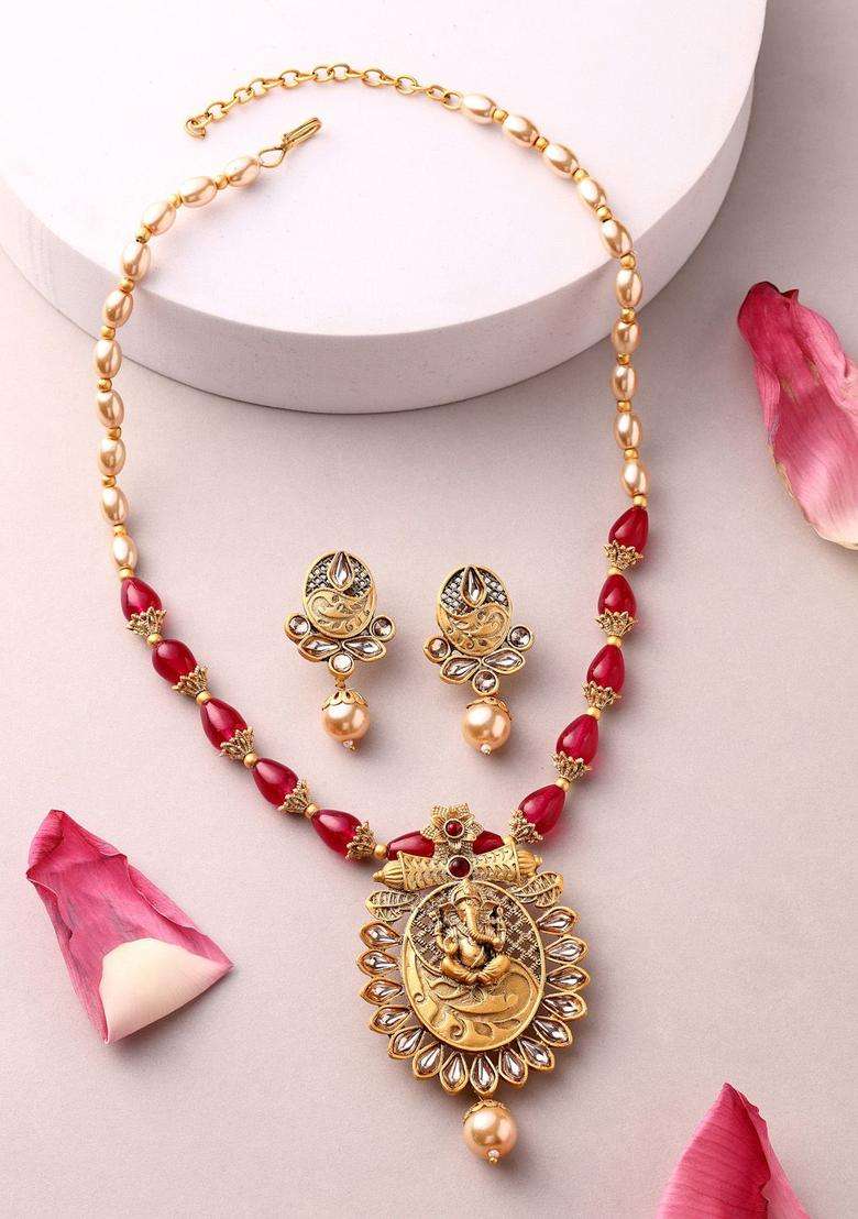 18K Gold-Plated Lord Ganesha Kundan Stone & Pearls Beaded Jewellery Set for Women | Traditional Temple Jewellery for Wedding & Festive Wear | Gift for Her - Indya