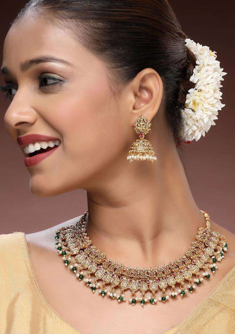 22K Gold-Plated Artificial Stones Studded & Beaded Jewellery Set for Women | Traditional Temple Jewellery for Wedding & Festive Wear | Gift for Her - Indya