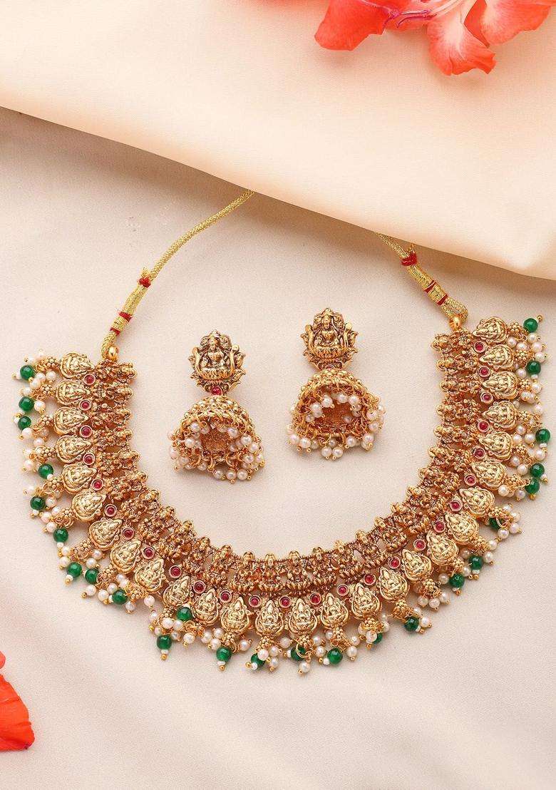 22K Gold-Plated Artificial Stones Studded & Beaded Jewellery Set for Women | Traditional Temple Jewellery for Wedding & Festive Wear | Gift for Her - Indya