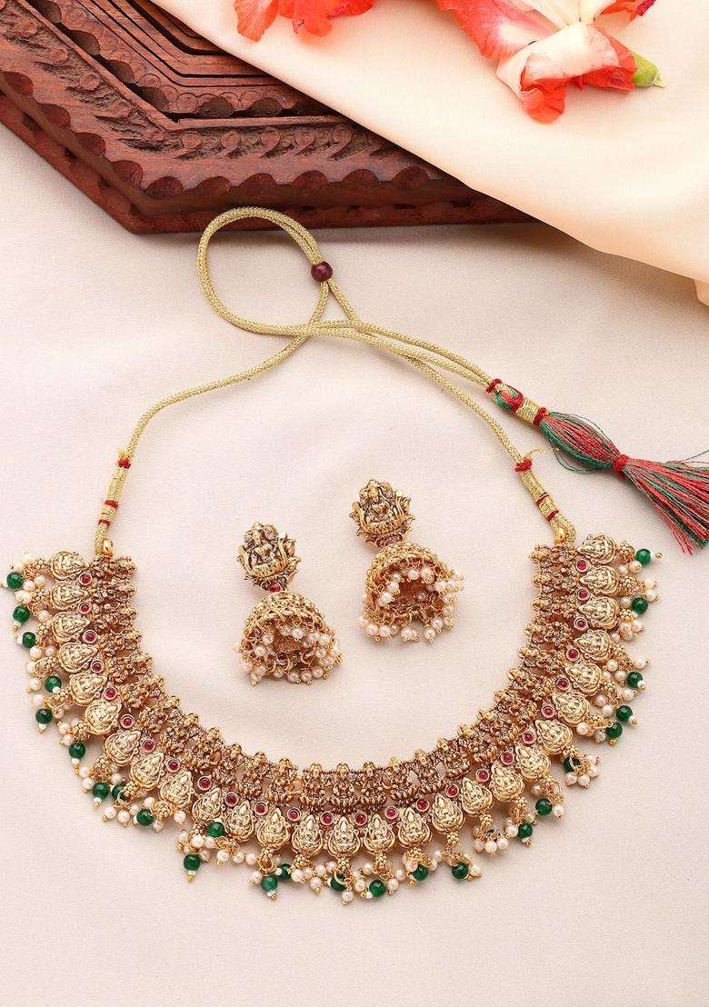 22K Gold-Plated Artificial Stones Studded & Beaded Jewellery Set for Women | Traditional Temple Jewellery for Wedding & Festive Wear | Gift for Her - Indya