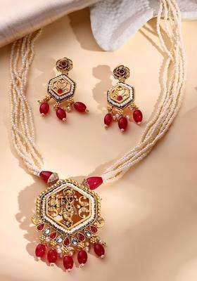 22K Gold-Plated Kundan Stone-Studded & Pearls BeadedTemple JewellerySet for Women | Traditional Temple Jewellery for Wedding & Festive Wear | Gift for Her