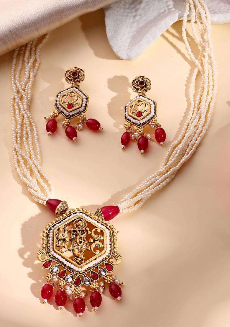 22K Gold-Plated Kundan Stone-Studded & Pearls BeadedTemple JewellerySet for Women | Traditional Temple Jewellery for Wedding & Festive Wear | Gift for Her - Indya