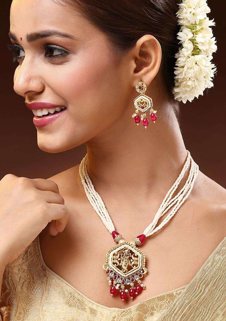 22K Gold-Plated Kundan Stone-Studded & Pearls BeadedTemple JewellerySet for Women | Traditional Temple Jewellery for Wedding & Festive Wear | Gift for Her - Indya