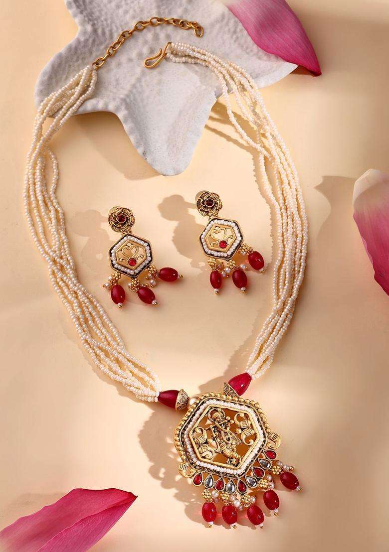 22K Gold-Plated Kundan Stone-Studded & Pearls BeadedTemple JewellerySet for Women | Traditional Temple Jewellery for Wedding & Festive Wear | Gift for Her - Indya