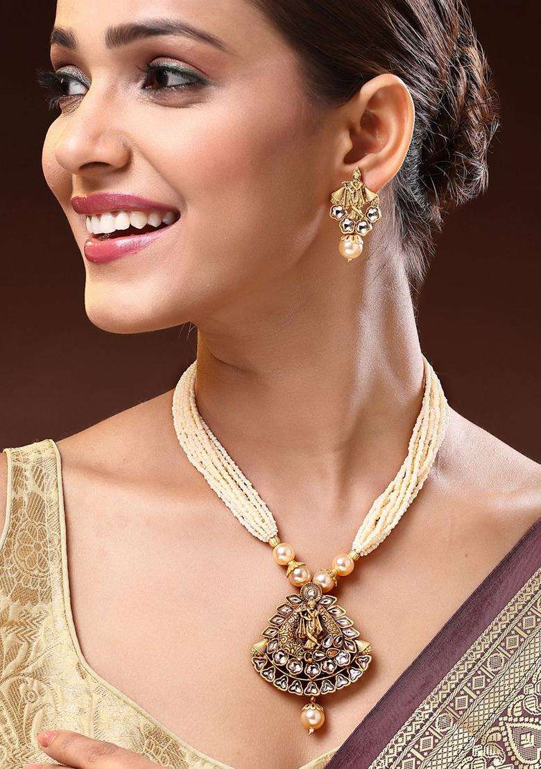 18K Gold-Plated Kundan Stone-Studded & Pearls BeadedTemple JewellerySet for Women | Traditional Temple Jewellery for Wedding & Festive Wear | Gift for Her - Indya