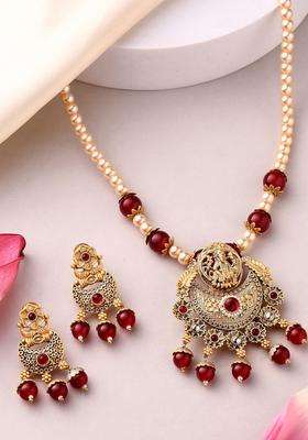 18K Gold-Plated Lord Ganesha Kundan Stone with Pearl & Beaded Jewellery Set for Women | Traditional Temple Jewellery for Wedding & Festive Wear | Gift for Her