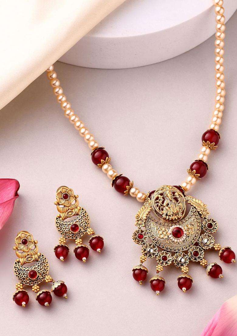 18K Gold-Plated Lord Ganesha Kundan Stone with Pearl & Beaded Jewellery Set for Women | Traditional Temple Jewellery for Wedding & Festive Wear | Gift for Her - Indya