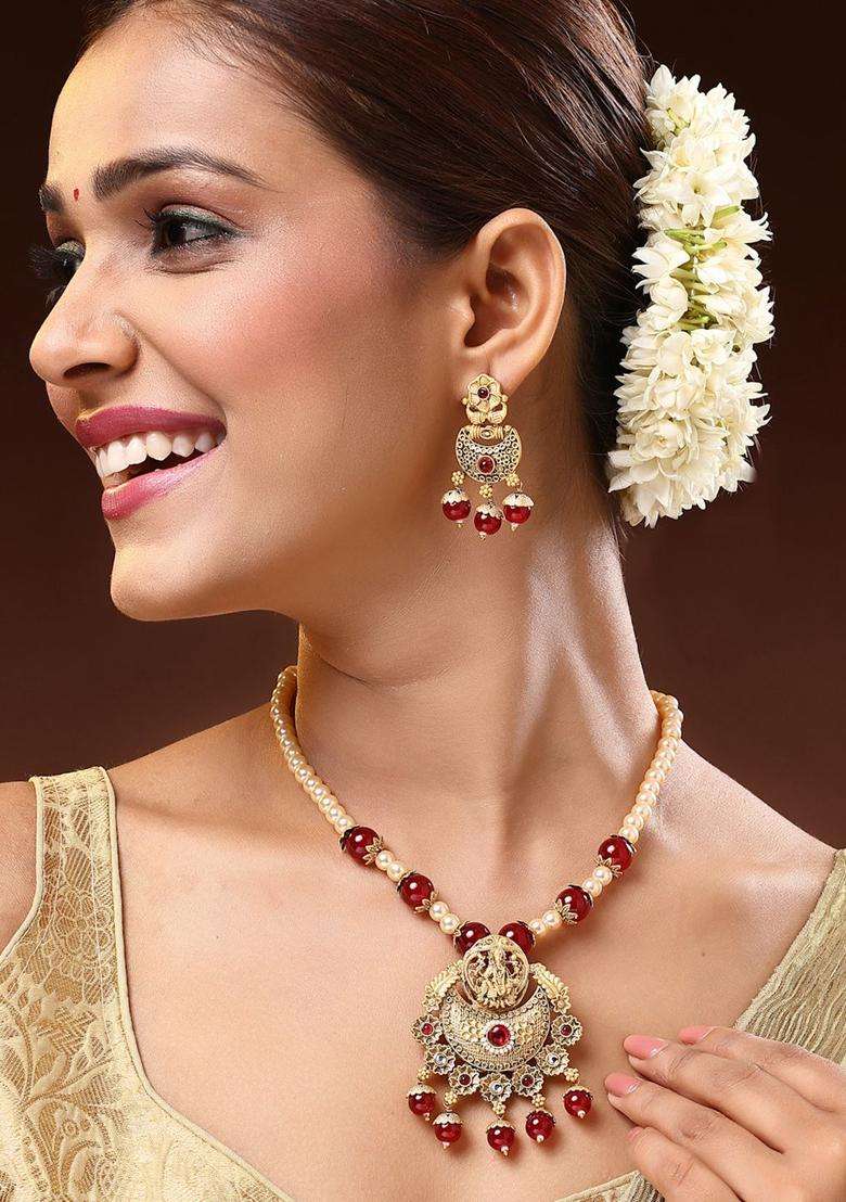 18K Gold-Plated Lord Ganesha Kundan Stone with Pearl & Beaded Jewellery Set for Women | Traditional Temple Jewellery for Wedding & Festive Wear | Gift for Her - Indya