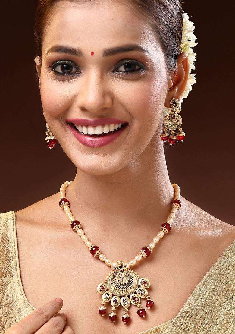 18K Gold-Plated Lord Krishna Stoned-Studded & Pearl Beaded Jewellery Set for Women | Traditional Temple Jewellery for Wedding & Festive Wear | Gift for Her - Indya