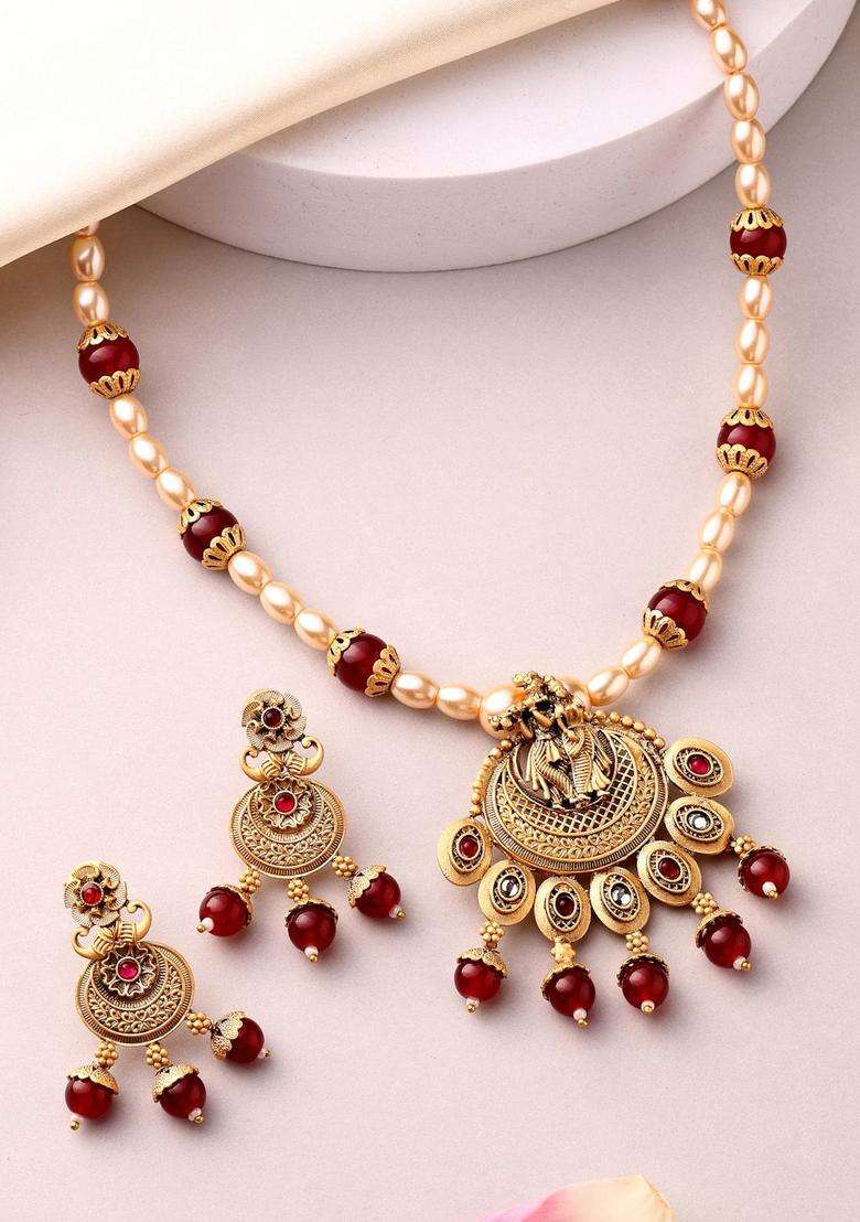 18K Gold-Plated Lord Krishna Stoned-Studded & Pearl Beaded Jewellery Set for Women | Traditional Temple Jewellery for Wedding & Festive Wear | Gift for Her - Indya
