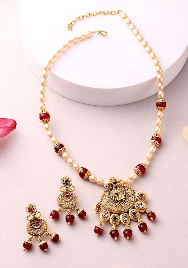 18K Gold-Plated Lord Krishna Stoned-Studded & Pearl Beaded Jewellery Set for Women | Traditional Temple Jewellery for Wedding & Festive Wear | Gift for Her - Indya