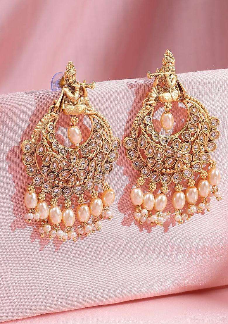 22K Gold-Plated Kundan Studded and Pearls Beaded Crescent Shaped Chandbalis for Women | Traditional Temple Jewellery for Wedding & Festive Wear | Gift for Her - Indya