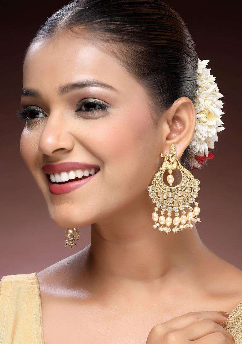 22K Gold-Plated Kundan Studded and Pearls Beaded Crescent Shaped Chandbalis for Women | Traditional Temple Jewellery for Wedding & Festive Wear | Gift for Her - Indya
