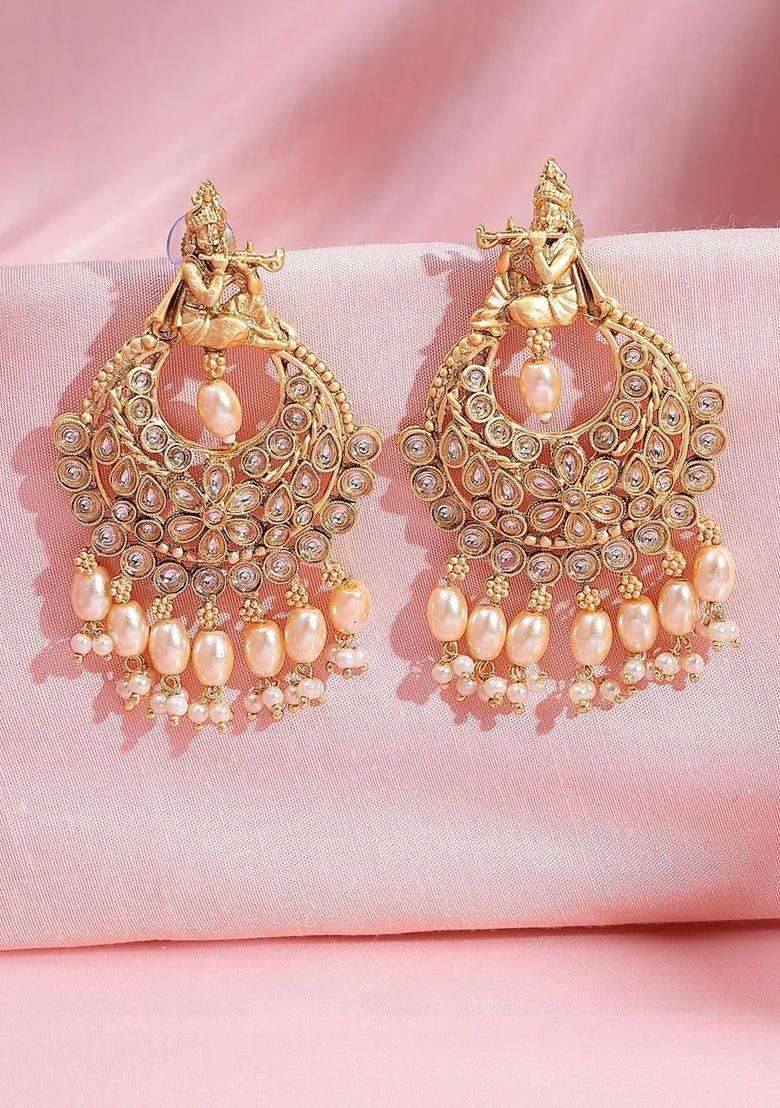 22K Gold-Plated Kundan Studded and Pearls Beaded Crescent Shaped Chandbalis for Women | Traditional Temple Jewellery for Wedding & Festive Wear | Gift for Her - Indya