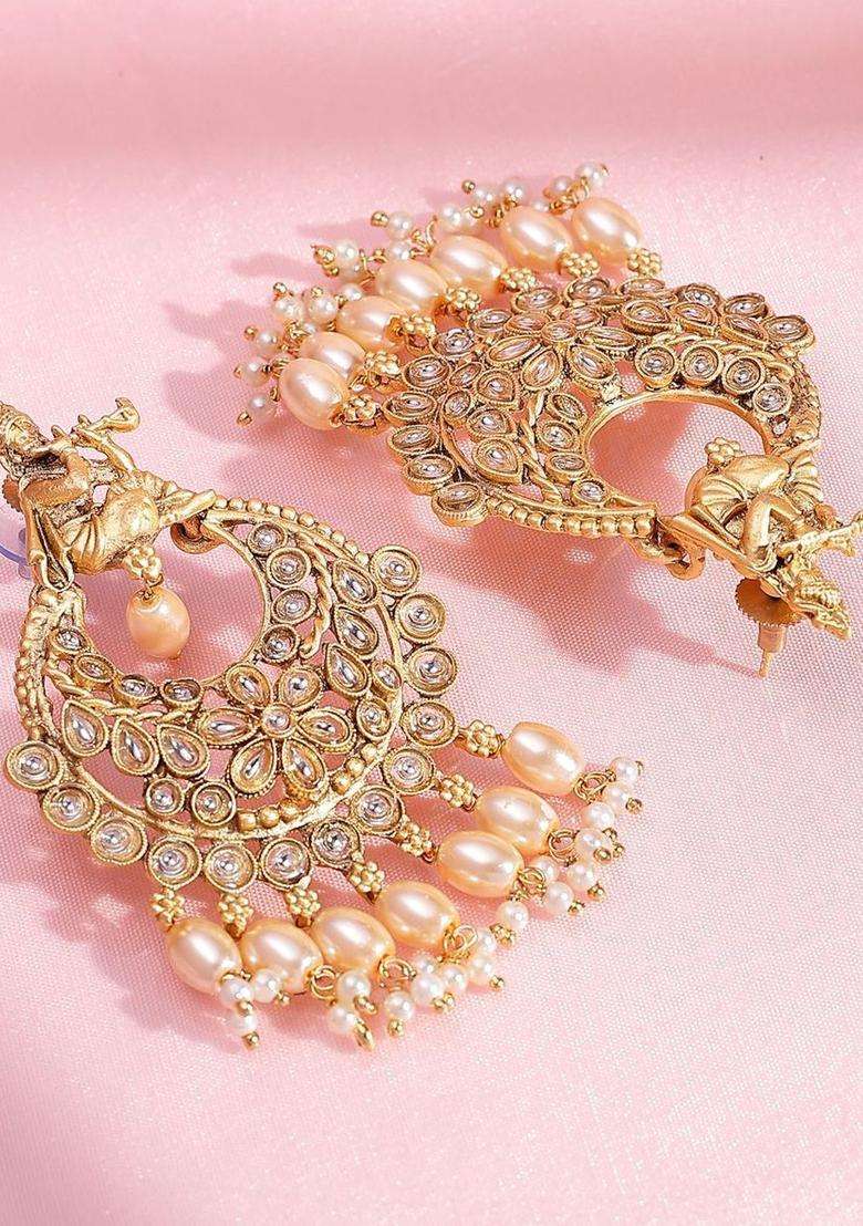 22K Gold-Plated Kundan Studded and Pearls Beaded Crescent Shaped Chandbalis for Women | Traditional Temple Jewellery for Wedding & Festive Wear | Gift for Her - Indya