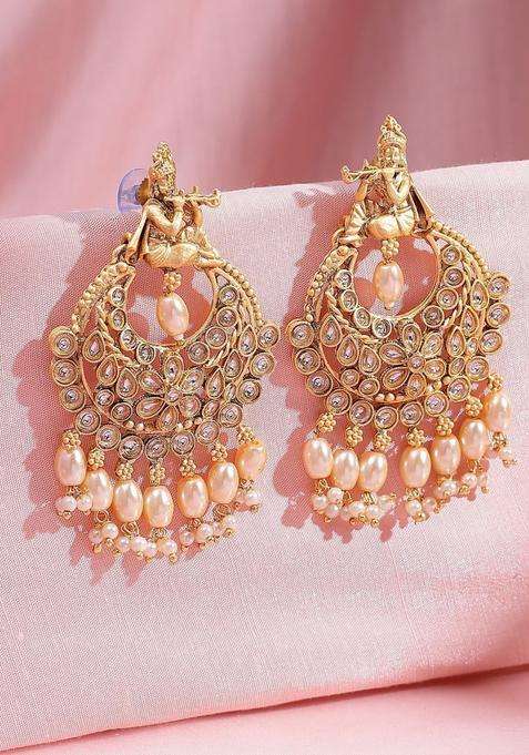 22K Gold-Plated Kundan Studded and Pearls Beaded Crescent Shaped Chandbalis for Women | Traditional Temple Jewellery for Wedding & Festive Wear | Gift for Her