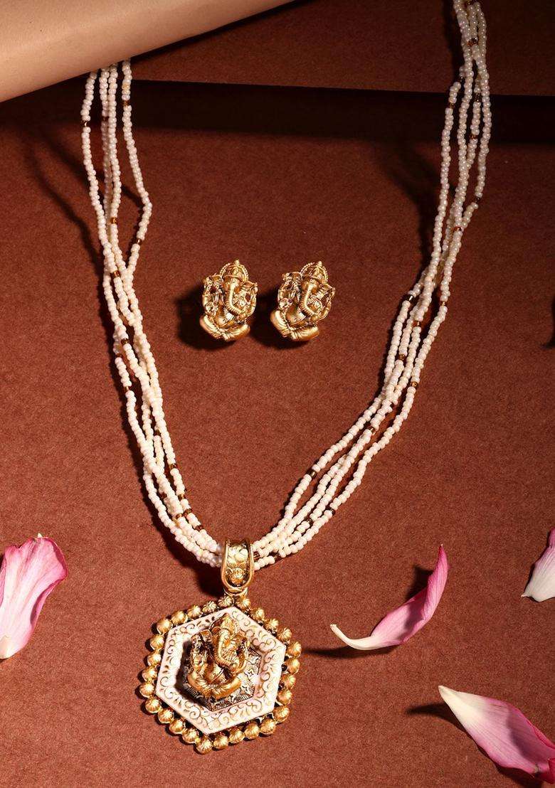 22K Gold-Plated Lord Ganesh Pendant & BeadedJewellerySet for Women | Traditional Temple Jewellery for Wedding & Festive Wear | Gift for Her - Indya