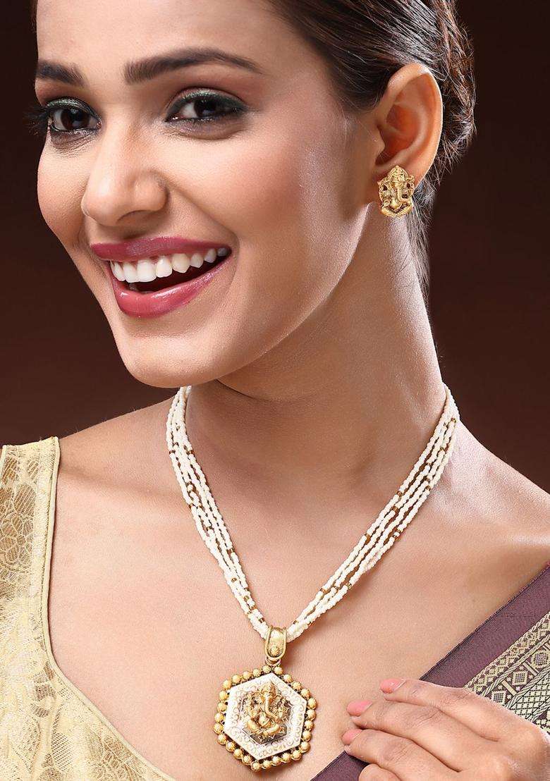 22K Gold-Plated Lord Ganesh Pendant & BeadedJewellerySet for Women | Traditional Temple Jewellery for Wedding & Festive Wear | Gift for Her - Indya