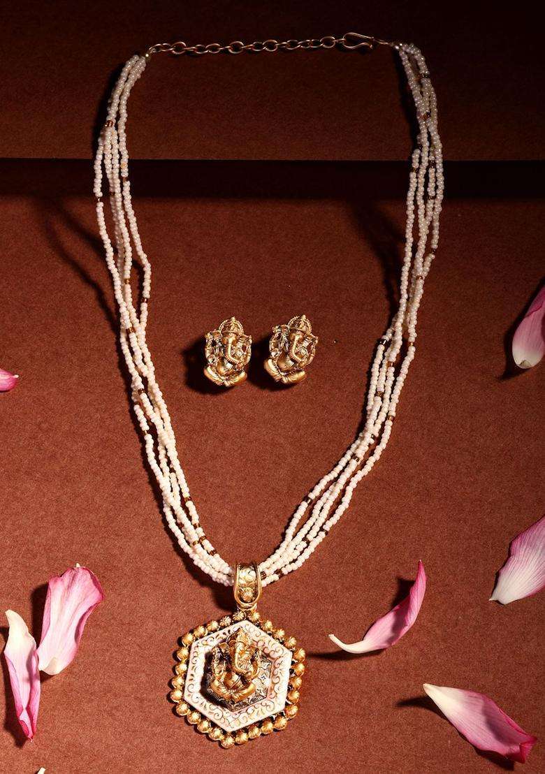 22K Gold-Plated Lord Ganesh Pendant & BeadedJewellerySet for Women | Traditional Temple Jewellery for Wedding & Festive Wear | Gift for Her - Indya