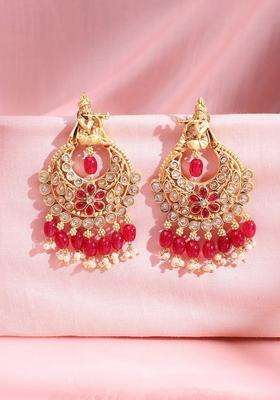 22K Gold-Plated Kundan Studded and Pearls Beaded Crescent Shaped Drop Earrings for Women | Traditional Temple Jewellery for Wedding & Festive Wear | Gift for Her