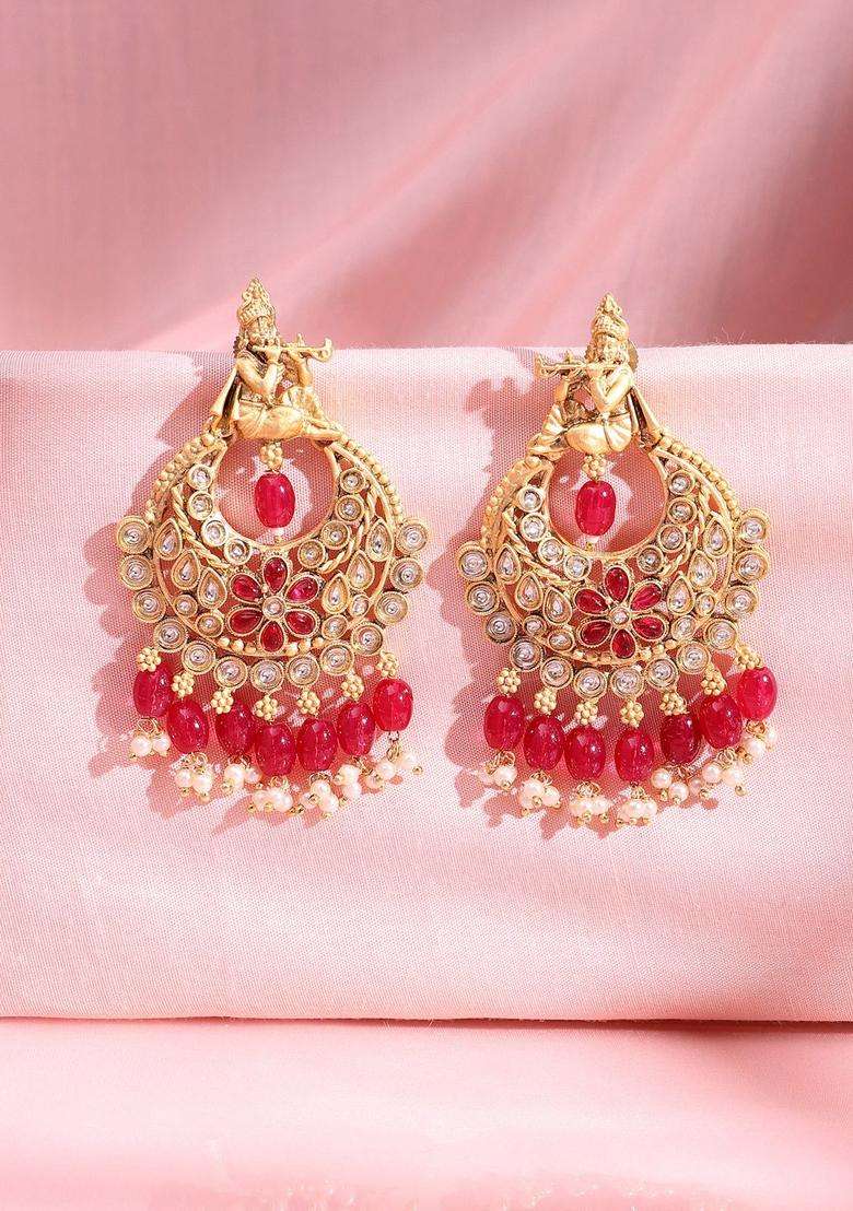 22K Gold-Plated Kundan Studded and Pearls Beaded Crescent Shaped Drop Earrings for Women | Traditional Temple Jewellery for Wedding & Festive Wear | Gift for Her - Indya