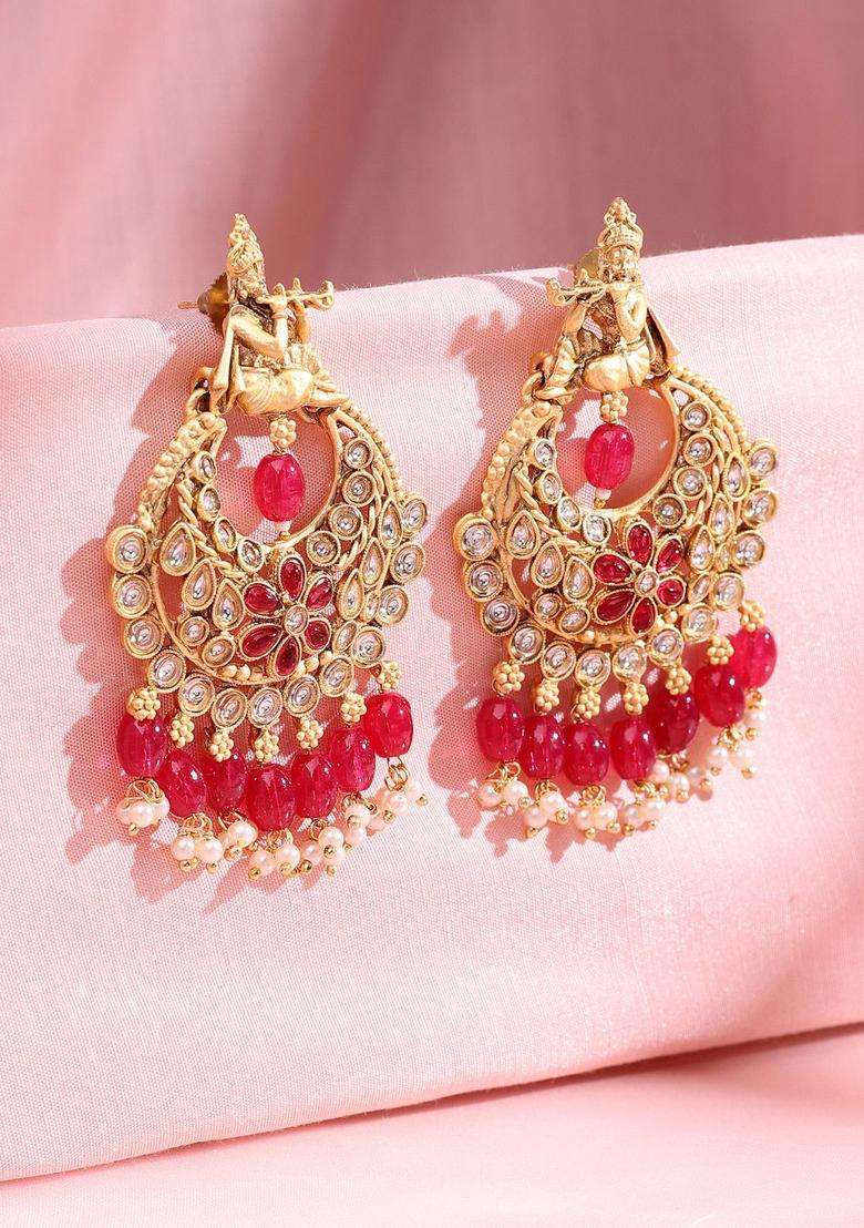 22K Gold-Plated Kundan Studded and Pearls Beaded Crescent Shaped Drop Earrings for Women | Traditional Temple Jewellery for Wedding & Festive Wear | Gift for Her - Indya