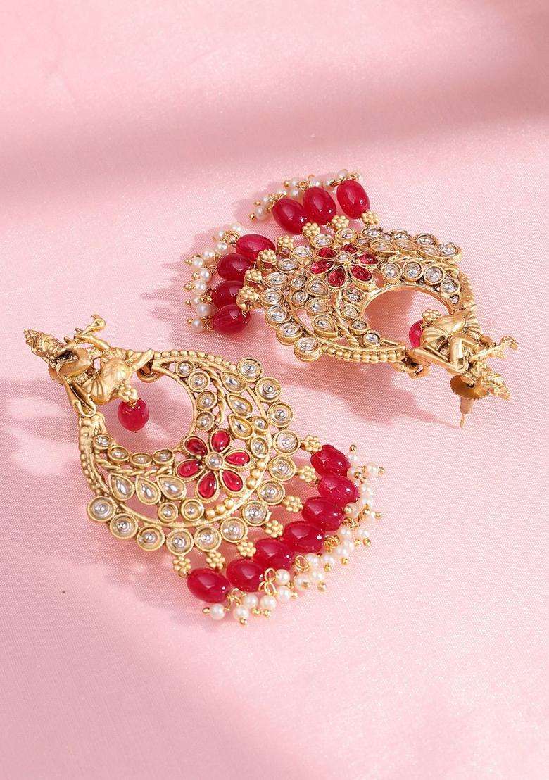 22K Gold-Plated Kundan Studded and Pearls Beaded Crescent Shaped Drop Earrings for Women | Traditional Temple Jewellery for Wedding & Festive Wear | Gift for Her - Indya