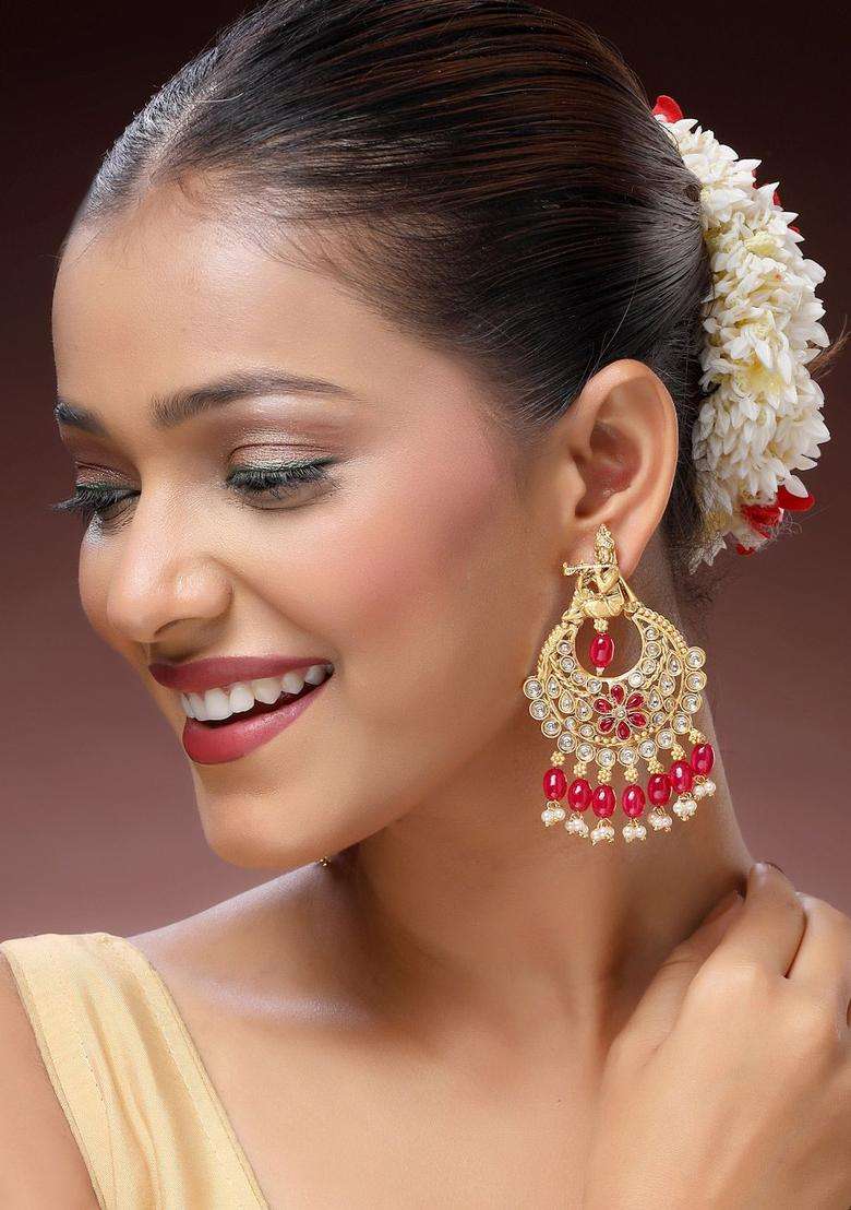 22K Gold-Plated Kundan Studded and Pearls Beaded Crescent Shaped Drop Earrings for Women | Traditional Temple Jewellery for Wedding & Festive Wear | Gift for Her - Indya