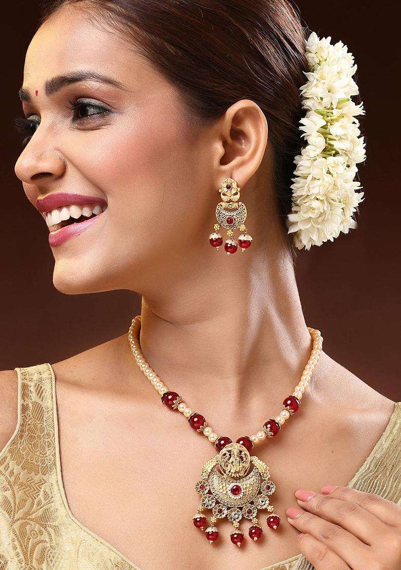 18K Gold-Plated Lord Ganesha Kundan Stone-Studded & Pearl Beaded Jewellery Set for Women | Traditional Temple Jewellery for Wedding & Festive Wear | Gift for Her - Indya