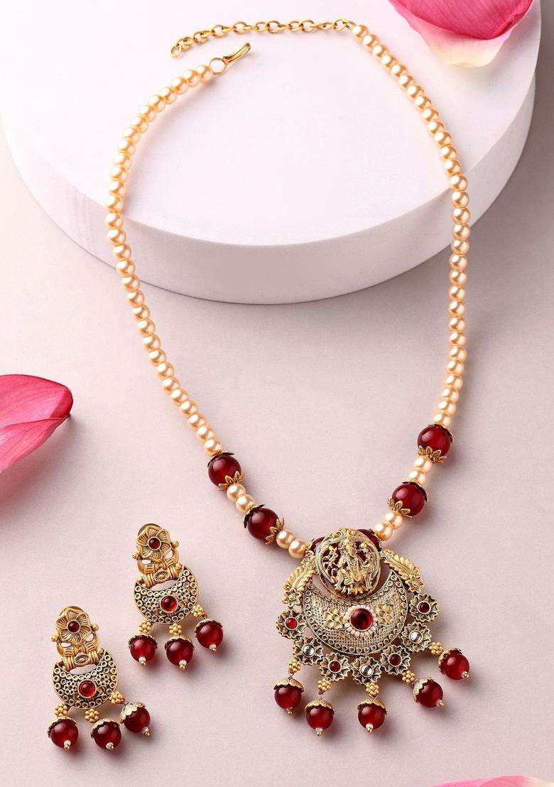 18K Gold-Plated Lord Ganesha Kundan Stone-Studded & Pearl Beaded Jewellery Set for Women | Traditional Temple Jewellery for Wedding & Festive Wear | Gift for Her - Indya