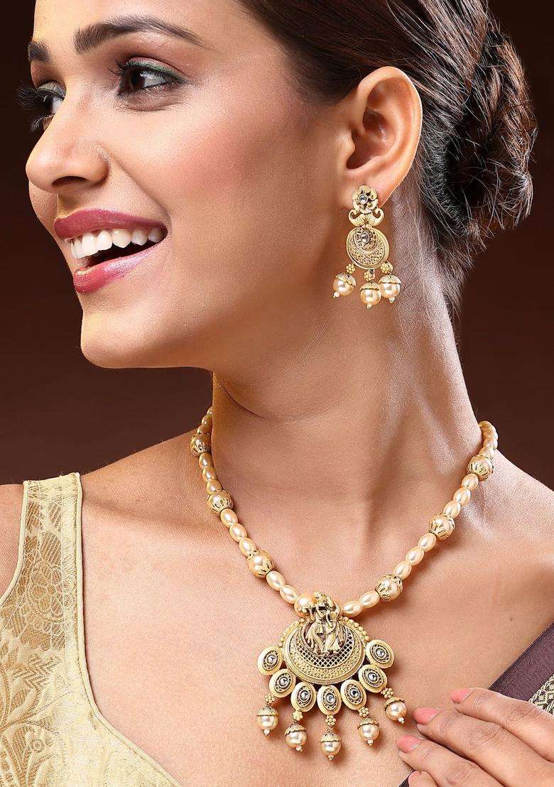 18K Gold-Plated Stone-Studded and Pearl Beads Lord Krishna Jewellery Set for Women | Traditional Temple Jewellery for Wedding & Festive Wear | Gift for Her - Indya