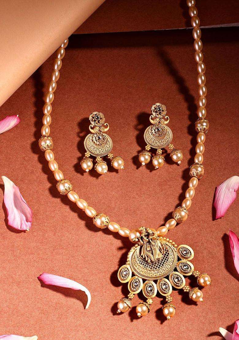 18K Gold-Plated Stone-Studded and Pearl Beads Lord Krishna Jewellery Set for Women | Traditional Temple Jewellery for Wedding & Festive Wear | Gift for Her - Indya