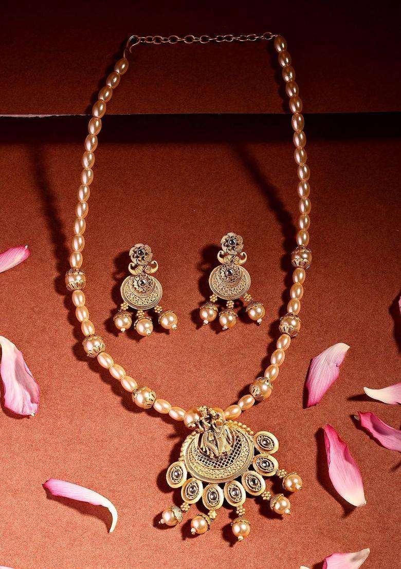 18K Gold-Plated Stone-Studded and Pearl Beads Lord Krishna Jewellery Set for Women | Traditional Temple Jewellery for Wedding & Festive Wear | Gift for Her - Indya
