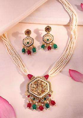 22K Gold-Plated Kundan-Studded & Multistrand Pearl-Beaded Temple Jewellery Set for Women | Traditional Temple Jewellery for Wedding & Festive Wear | Gift for Her