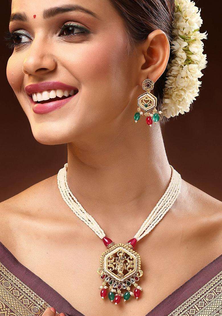 22K Gold-Plated Kundan-Studded & Multistrand Pearl-Beaded Temple Jewellery Set for Women | Traditional Temple Jewellery for Wedding & Festive Wear | Gift for Her - Indya