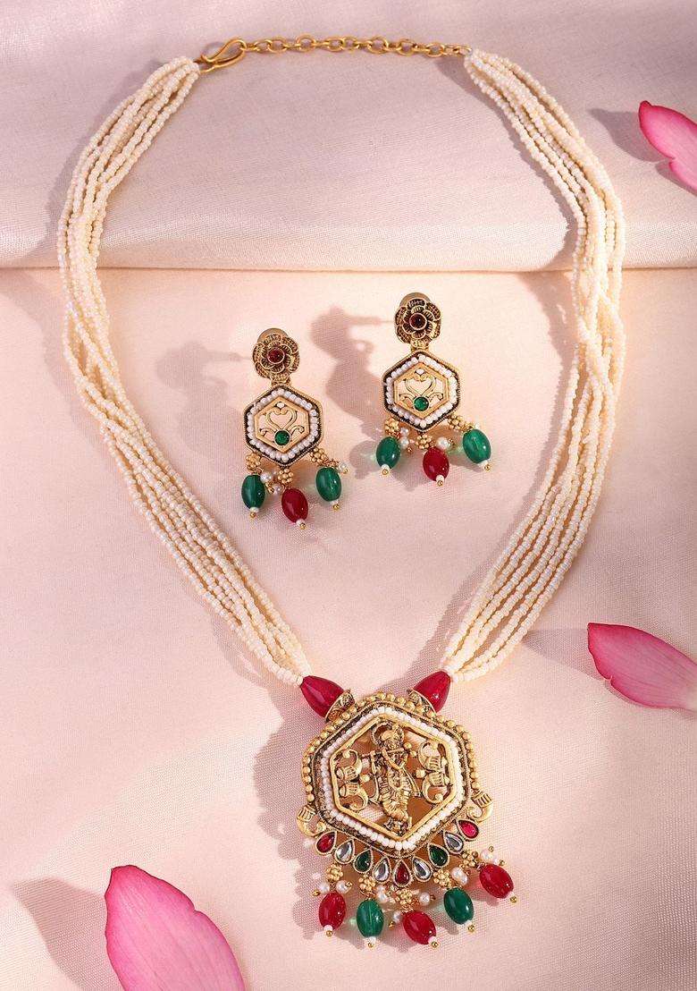 22K Gold-Plated Kundan-Studded & Multistrand Pearl-Beaded Temple Jewellery Set for Women | Traditional Temple Jewellery for Wedding & Festive Wear | Gift for Her - Indya