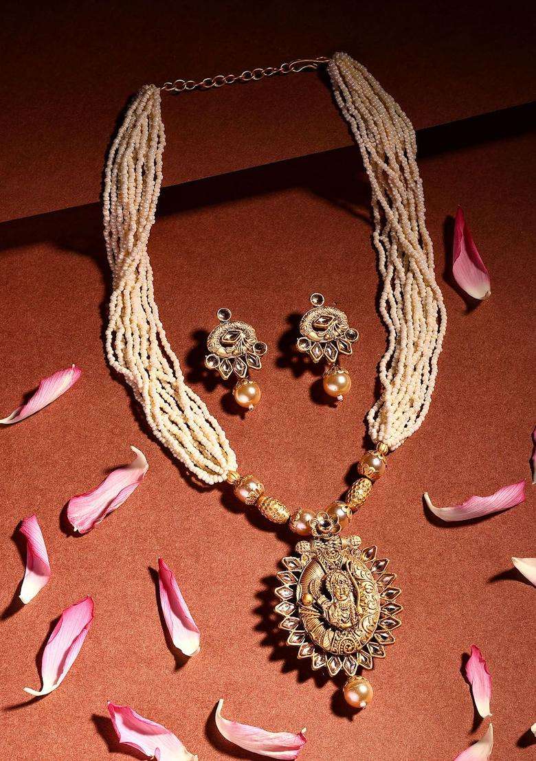 18K Gold-Plated Kundan-Studded & Pearl Beaded Jewellery Set for Women | Traditional Temple Jewellery for Wedding & Festive Wear | Gift for Her - Indya