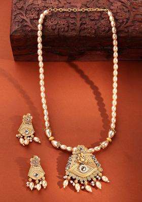 22K Gold-Plated Lord Ganesh Kundan-Studded & Pearl Beaded Jewellery Set for Women | Traditional Temple Jewellery for Wedding & Festive Wear | Gift for Her