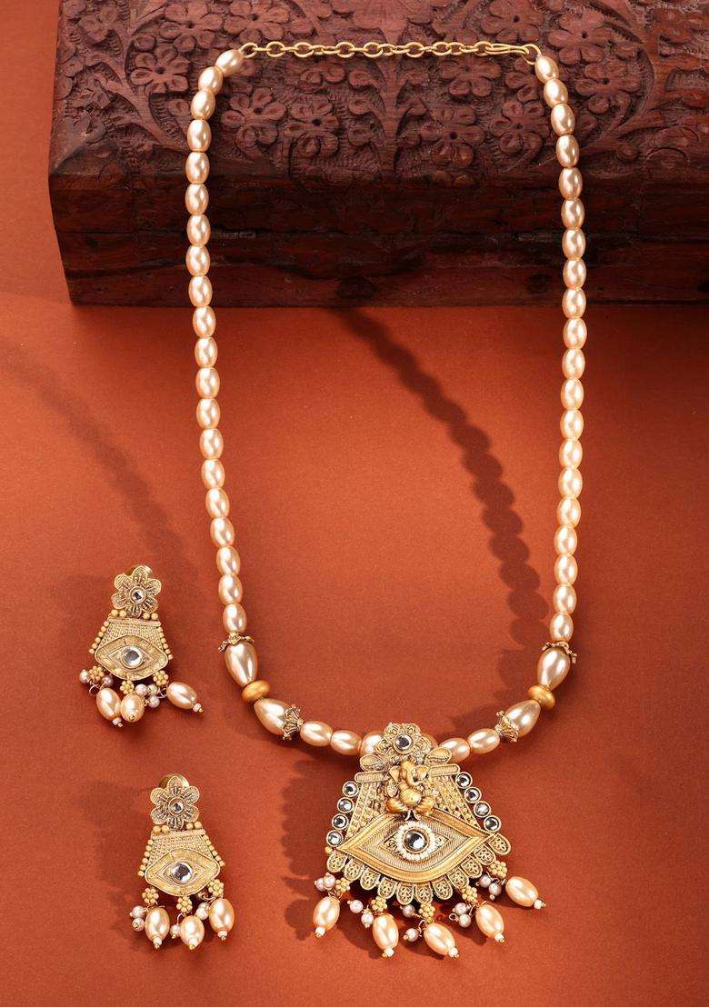 22K Gold-Plated Lord Ganesh Kundan-Studded & Pearl Beaded Jewellery Set for Women | Traditional Temple Jewellery for Wedding & Festive Wear | Gift for Her - Indya