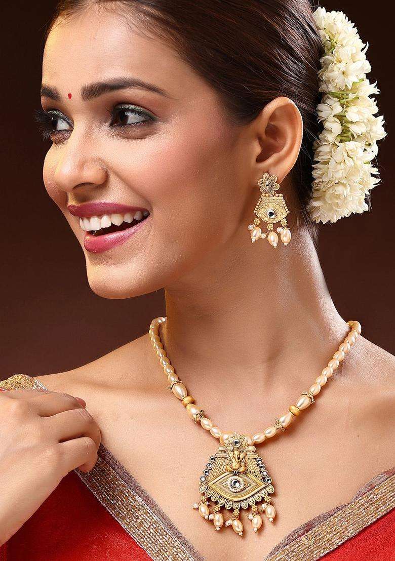 22K Gold-Plated Lord Ganesh Kundan-Studded & Pearl Beaded Jewellery Set for Women | Traditional Temple Jewellery for Wedding & Festive Wear | Gift for Her - Indya