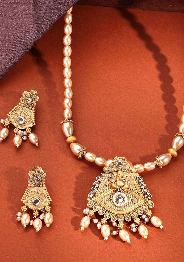 22K Gold-Plated Lord Ganesh Kundan-Studded & Pearl Beaded Jewellery Set for Women | Traditional Temple Jewellery for Wedding & Festive Wear | Gift for Her - Indya