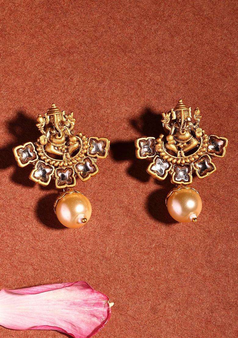 18K Gold-Plated Lord Ganesha Kundan Stone-Studded & Pearl Beaded Jewellery Set for Women | Traditional Temple Jewellery for Wedding & Festive Wear | Gift for Her - Indya