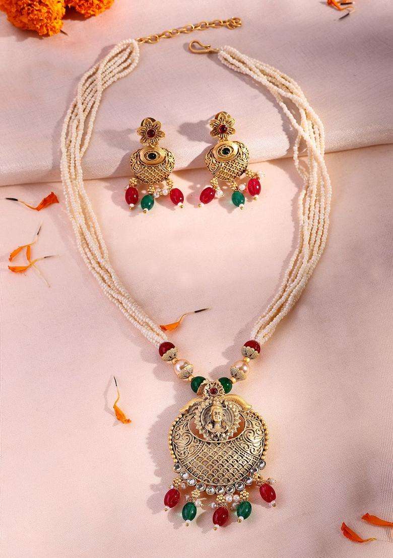 22K Gold-Plated Kundan-Studded & Pearl Beaded Jewellery Set for Women | Traditional Temple Jewellery for Wedding & Festive Wear | Gift for Her - Indya
