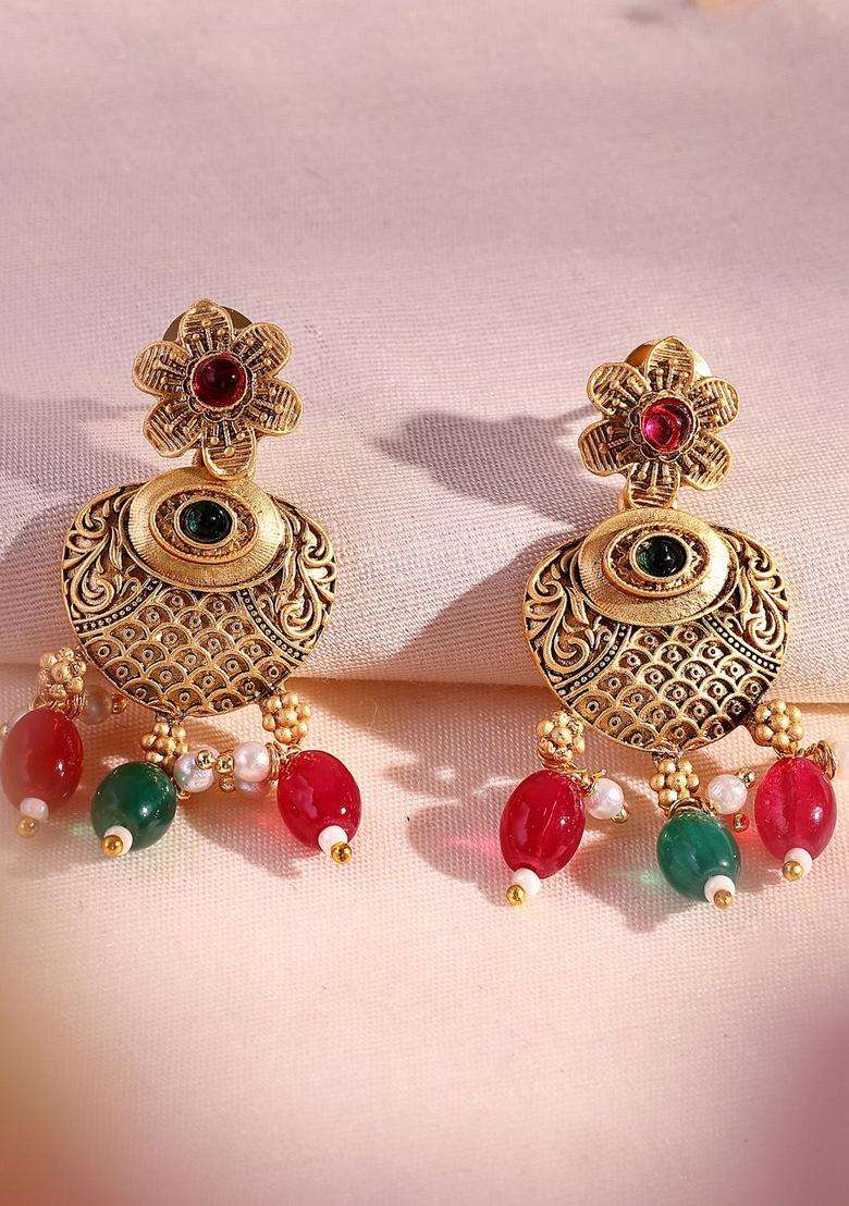 22K Gold-Plated Kundan-Studded & Pearl Beaded Jewellery Set for Women | Traditional Temple Jewellery for Wedding & Festive Wear | Gift for Her - Indya