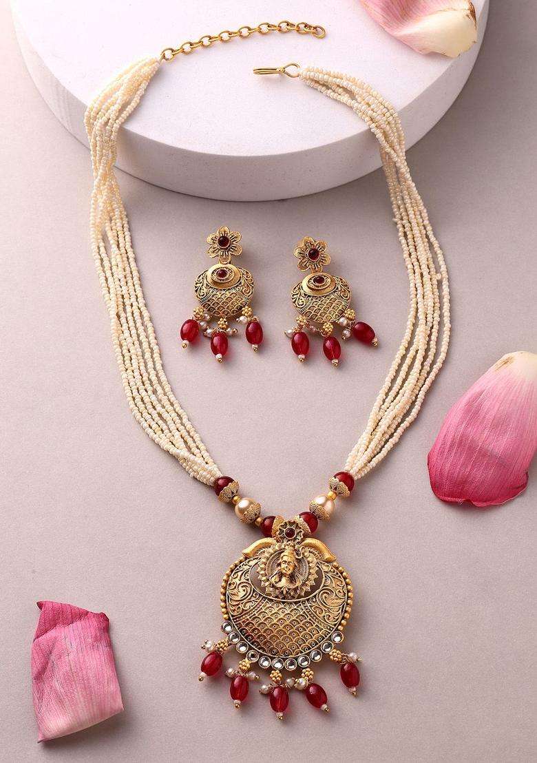22K Gold-Plated Lord Shiva Kundan Stone & Pearls Beaded Jewellery Set for Women | Traditional Temple Jewellery for Wedding & Festive Wear | Gift for Her - Indya